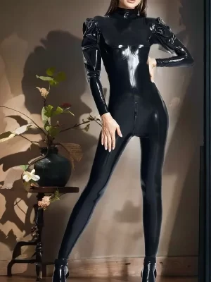 Latex jumpsuit with puffed sleeves