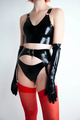 Latex bra with hardware and buckle closure