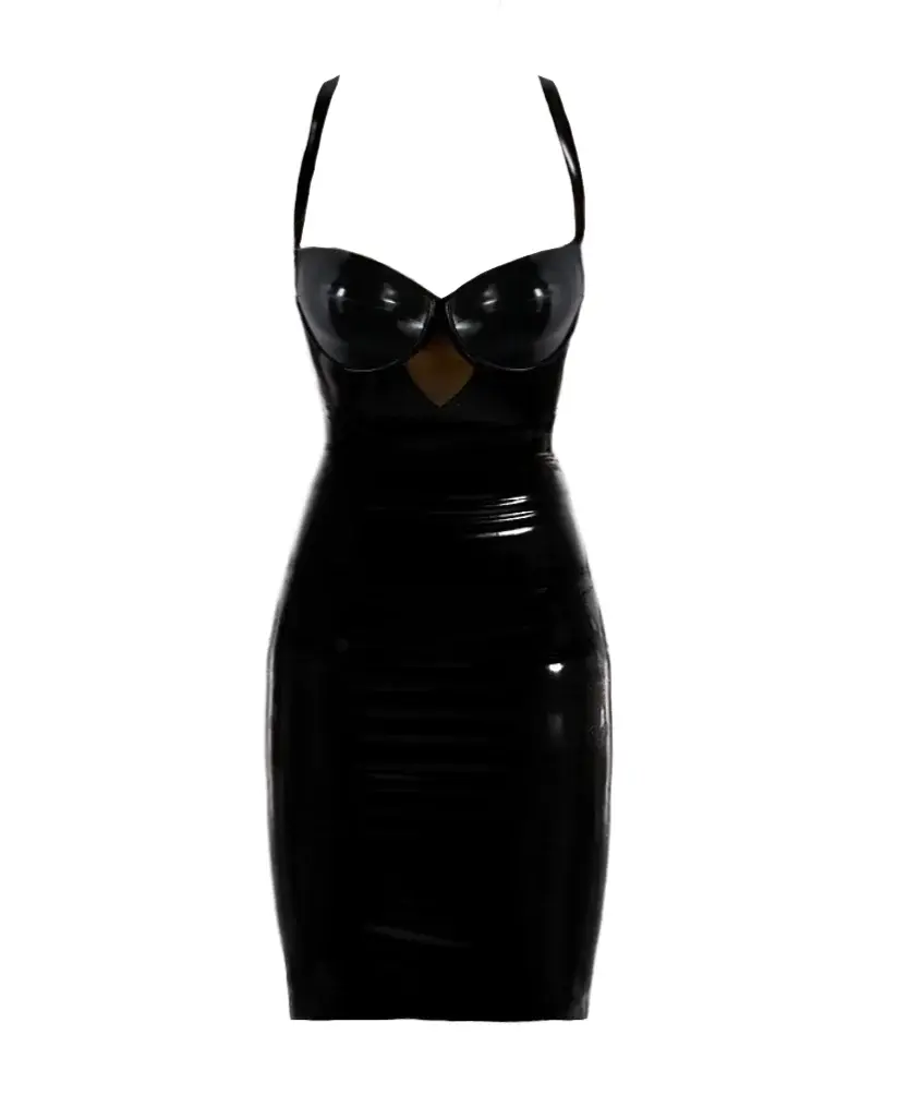 Latex pencil dress showcases bra cups