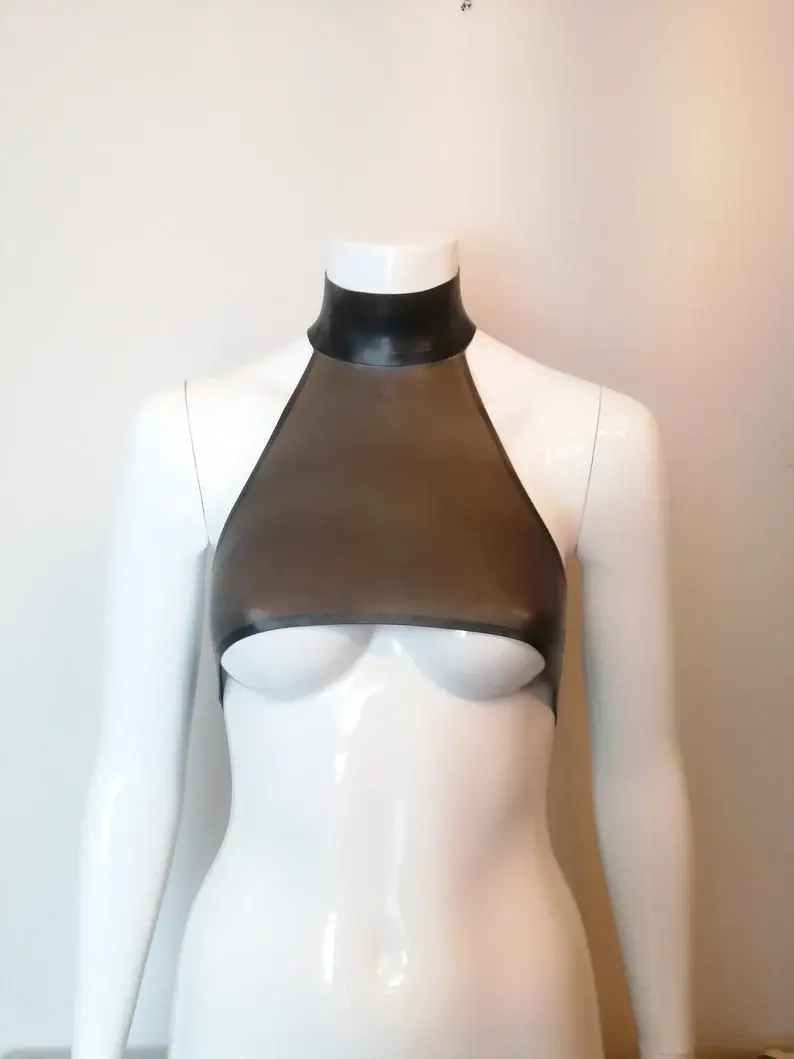 Latex Pin Striped Halter Neck, Under Boob Crop Top with Popper Fastening Collar