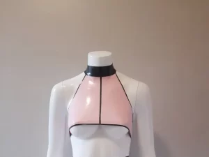 Latex Pin Striped Halter Neck, Under Boob Crop Top with Popper Fastening Collar