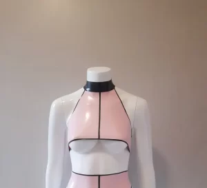 Latex Pin Striped Halter Neck, Under Boob Crop Top with Popper Fastening Collar