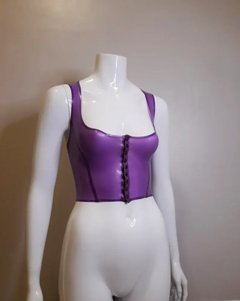 Latex Pin Striped Halter Neck, Under Boob Crop Top with Popper Fastening Collar