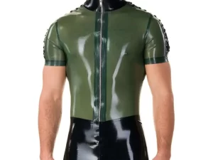 Latex T-shirt with lace sleeve detail zip front.