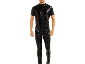 Latex Men's Front Zip Short Sleeves Catsuit