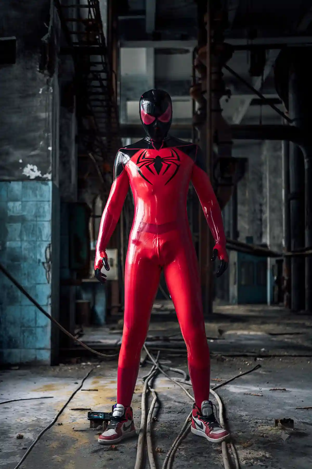 Male American Hero Latex Neck Entry Cosplay Catsuit With Feet