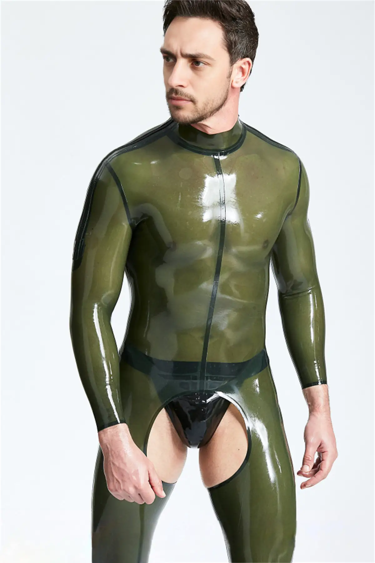 Male Translucent Chaps Look Shoulder-zip Catsuit