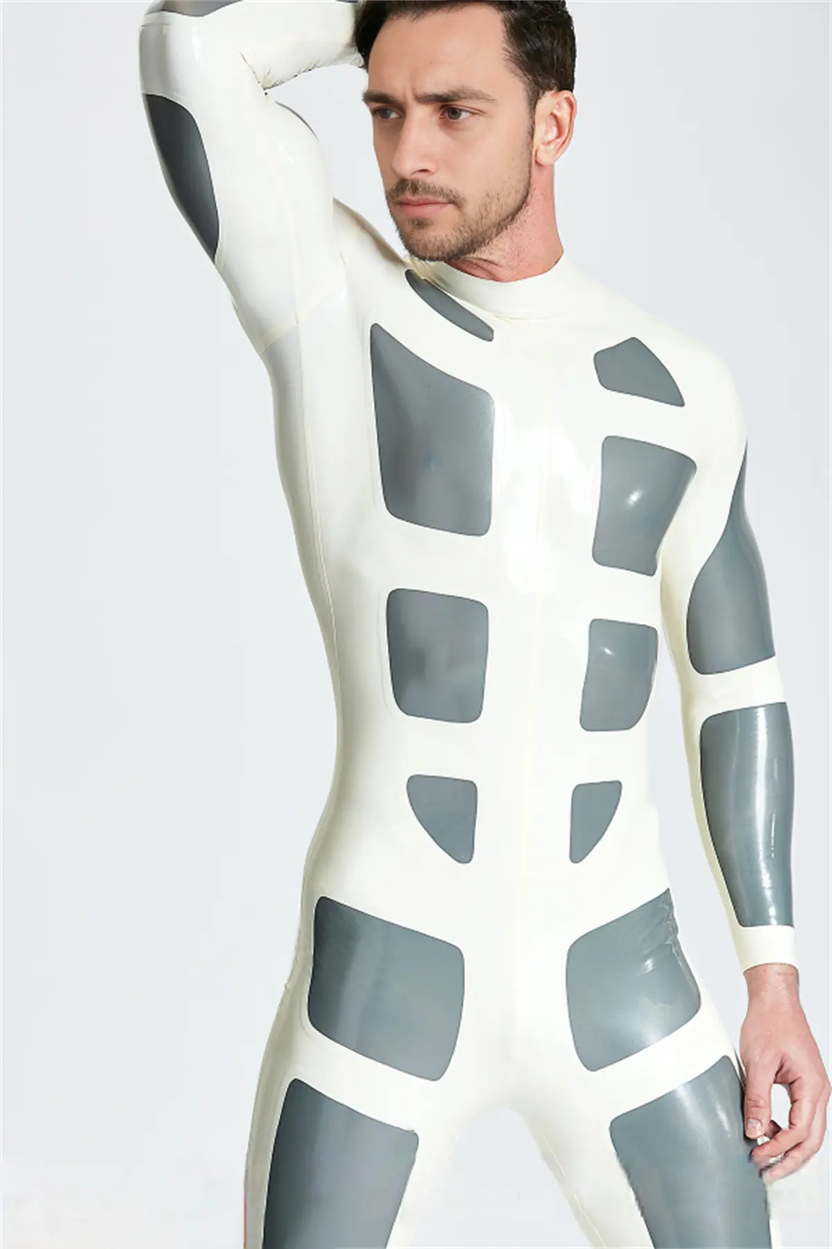 Male Silver Streak Rubber Catsuit