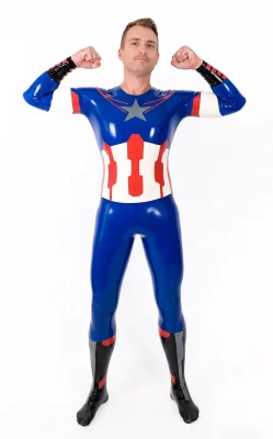 Male American Hero Latex Neck Entry Cosplay Catsuit With Feet