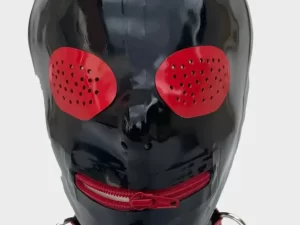 Latex Hood Contrast pin hole eyes & zip mouth.