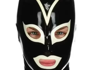 Latex hood in black and white with rear zipper