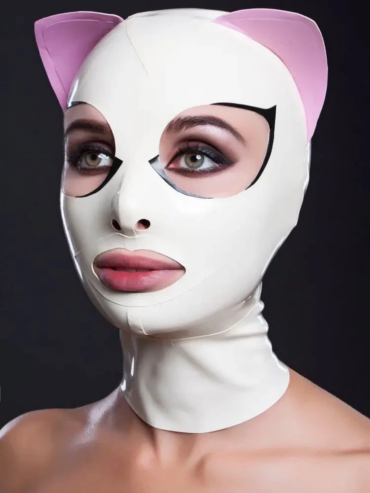 Latex cat mask with eyelashes and pink ears