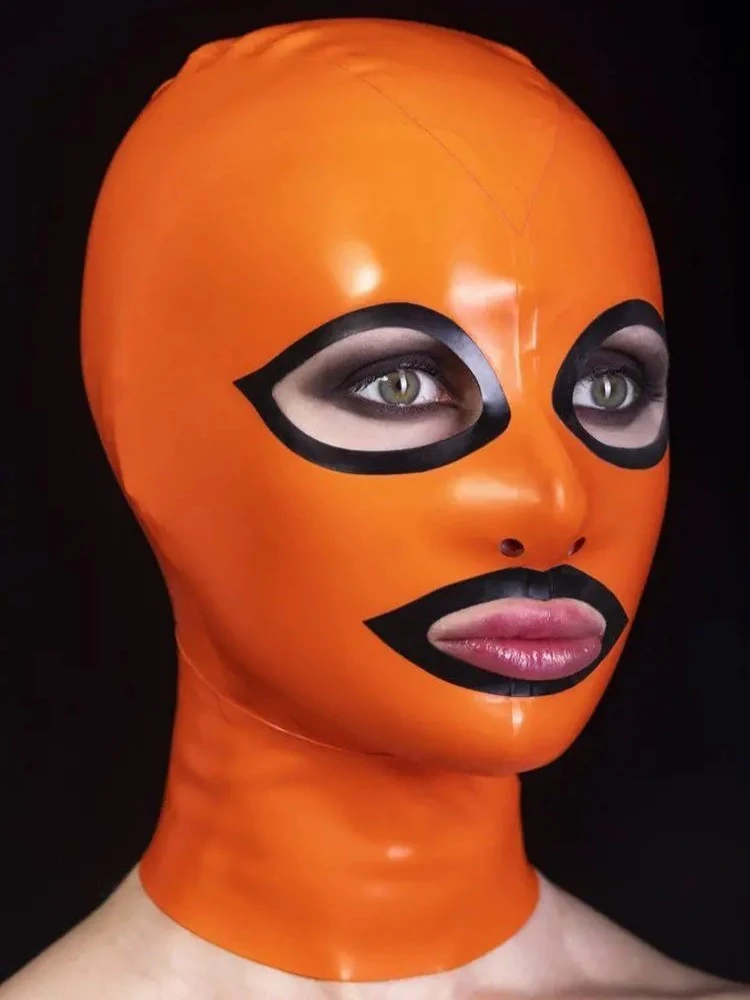 Latex mask with red condom and cut-outs for nostrils