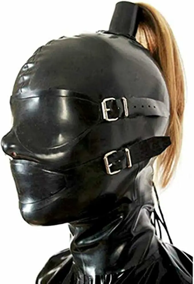 Latex Hood With Wig Ponytail With Eyeshade With Mask no plug Rubber Fetish