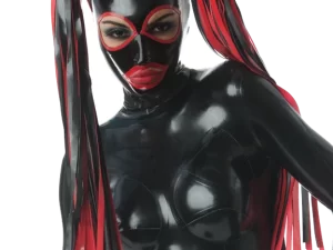 Latex Mask with Pigtails Rubber Hood Plus Size Open Mouth and Eyes with Hairpiece