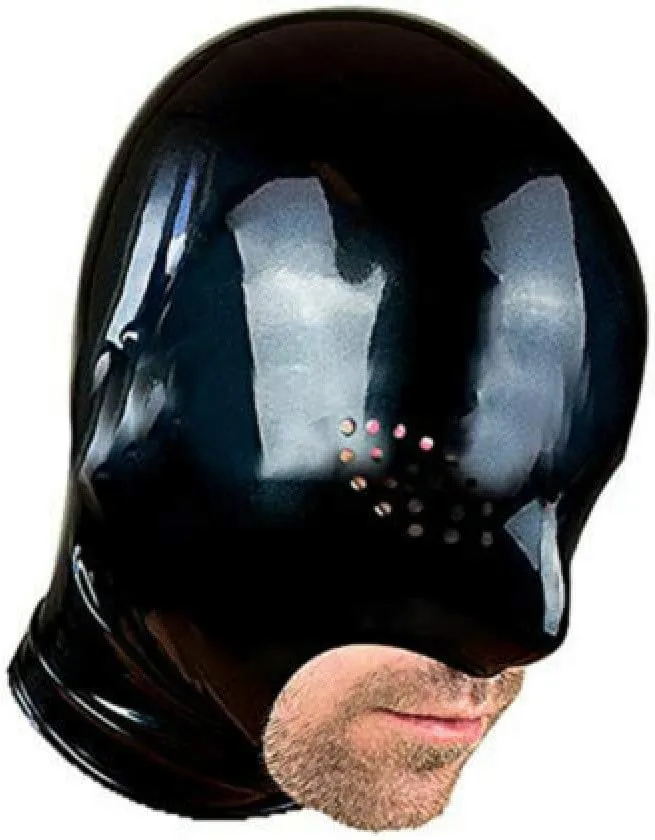 Black Latex Hood with Mesh Eyes Exposed Mouth and Back Zipper