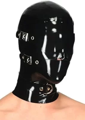 Sexy Black Latex Rubber Gummi Hood Mask Removable Eyes Mouth Patch Neck Collar