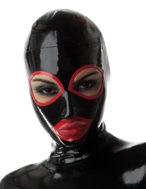 Latex Big Eye Black with Red Trims Hood Back Zip Handmade