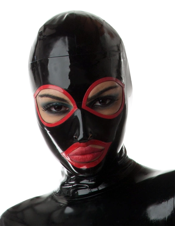 Latex Big Eye Black with Red Trims Hood Back Zip Handmade