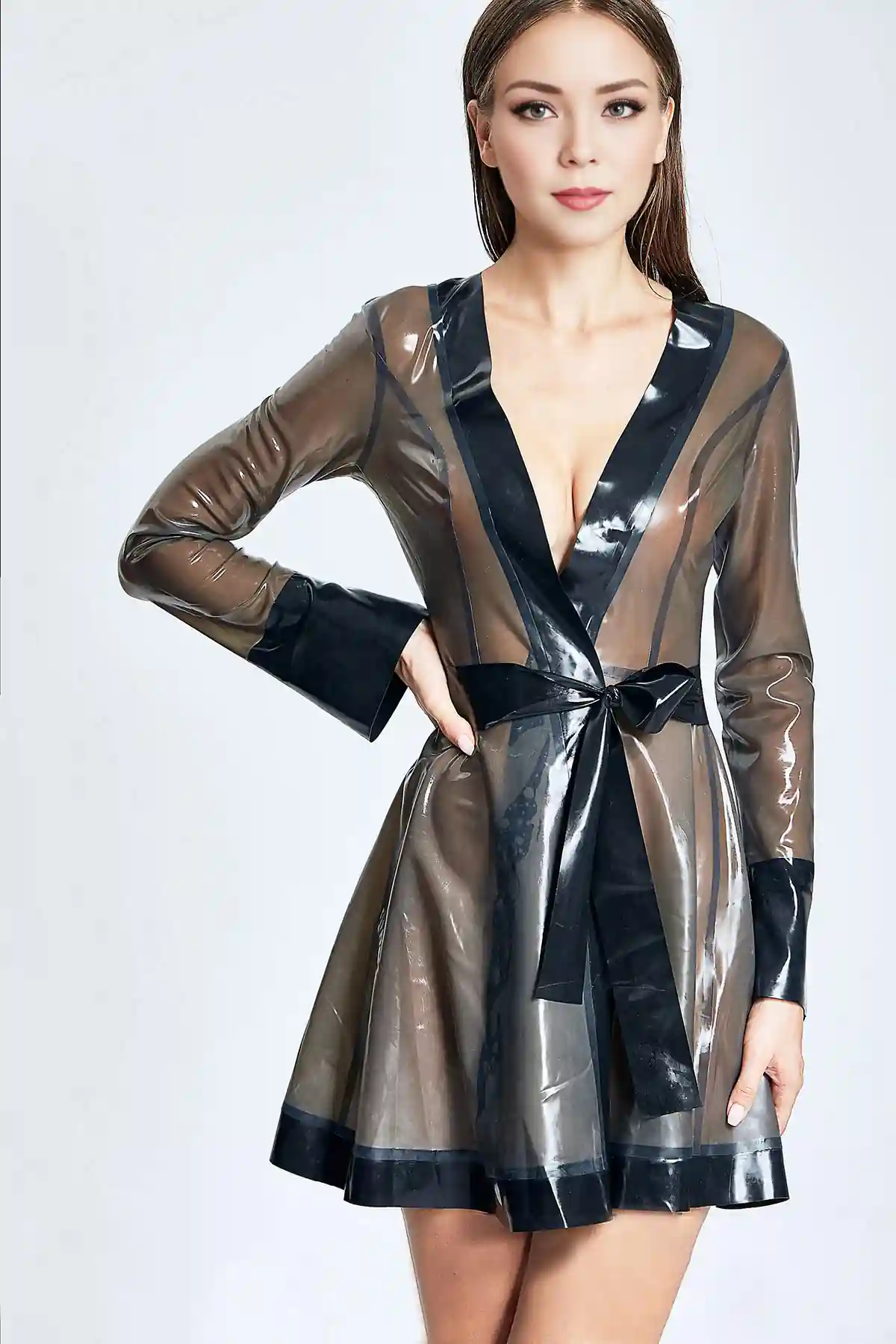 Latex Hip-Skirted Long-Sleeved Mini Dress