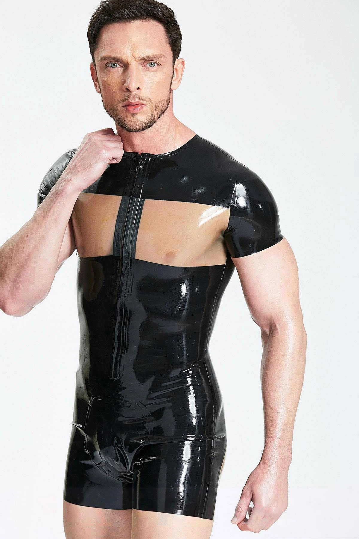 Latex Male Mitten-Sleeved Neck Entry Short Catsuit