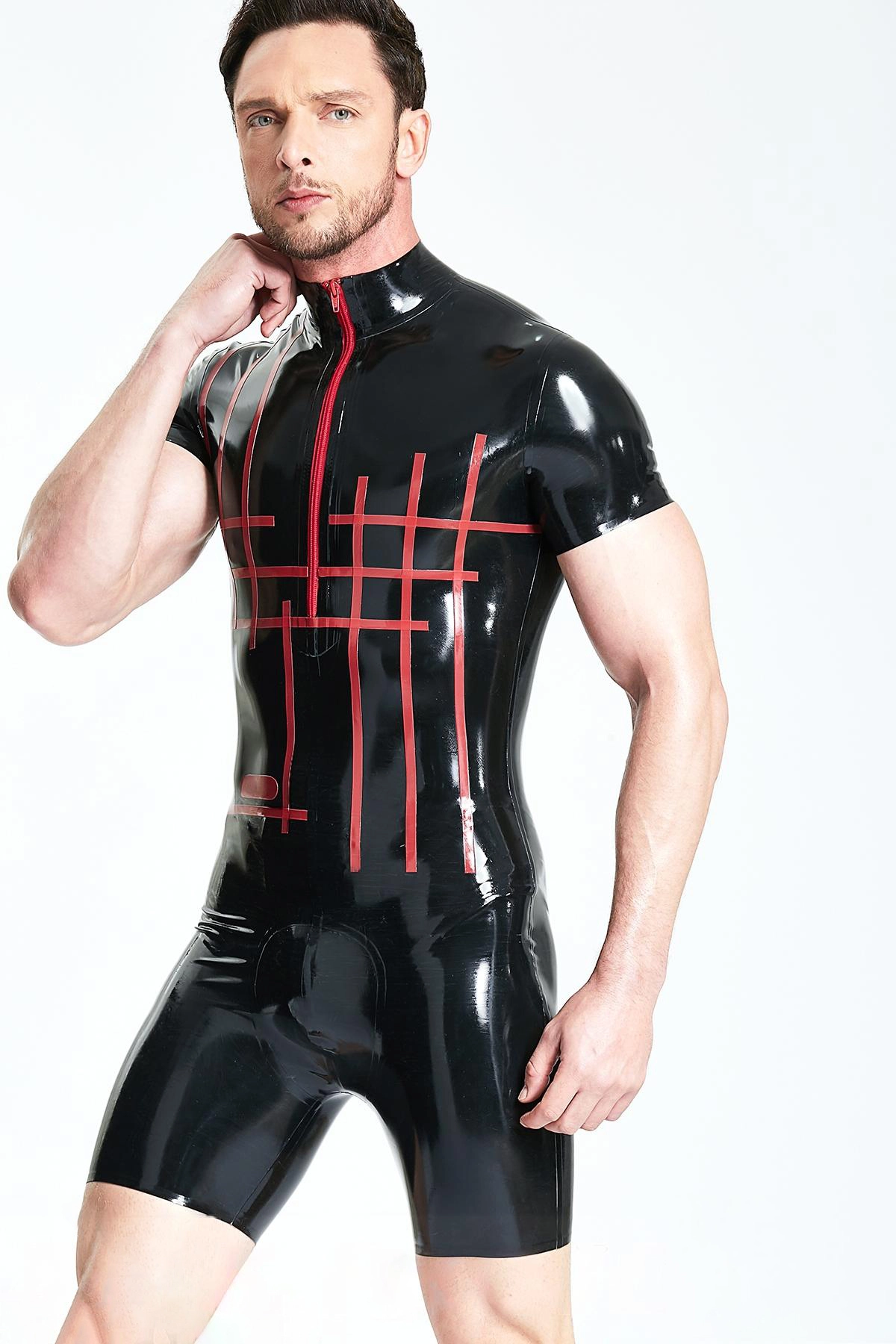 Latex Male Codpiece Shoulder Strap Cycling Suit