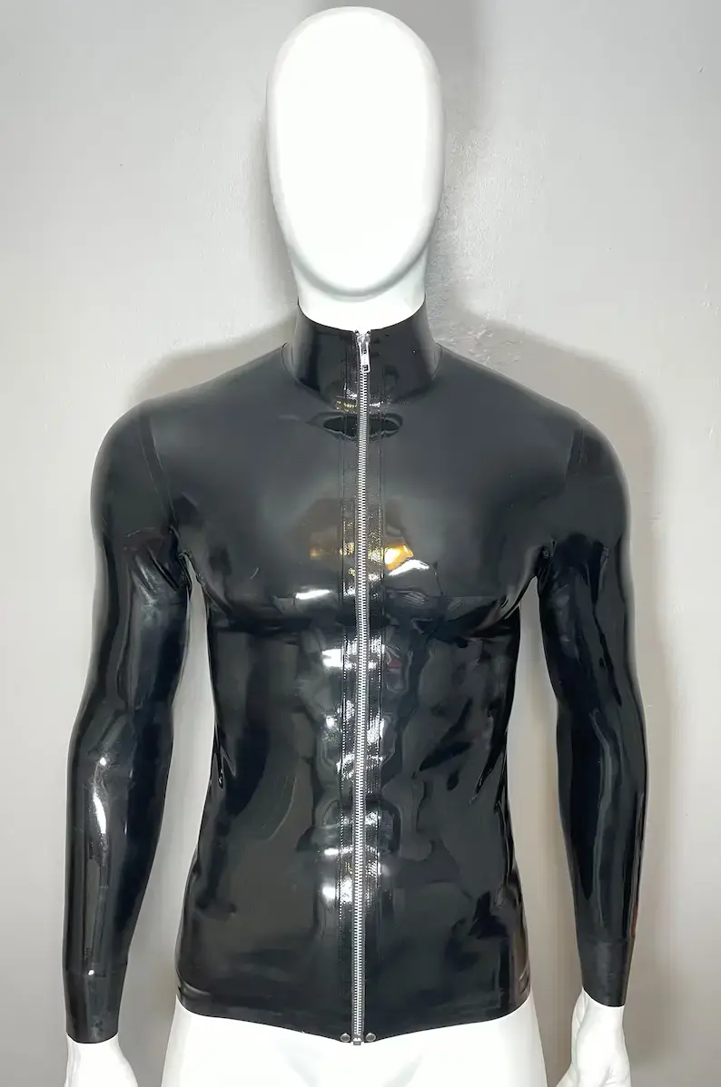 Men's latex shirt with zipper and long sleeves, V-neck